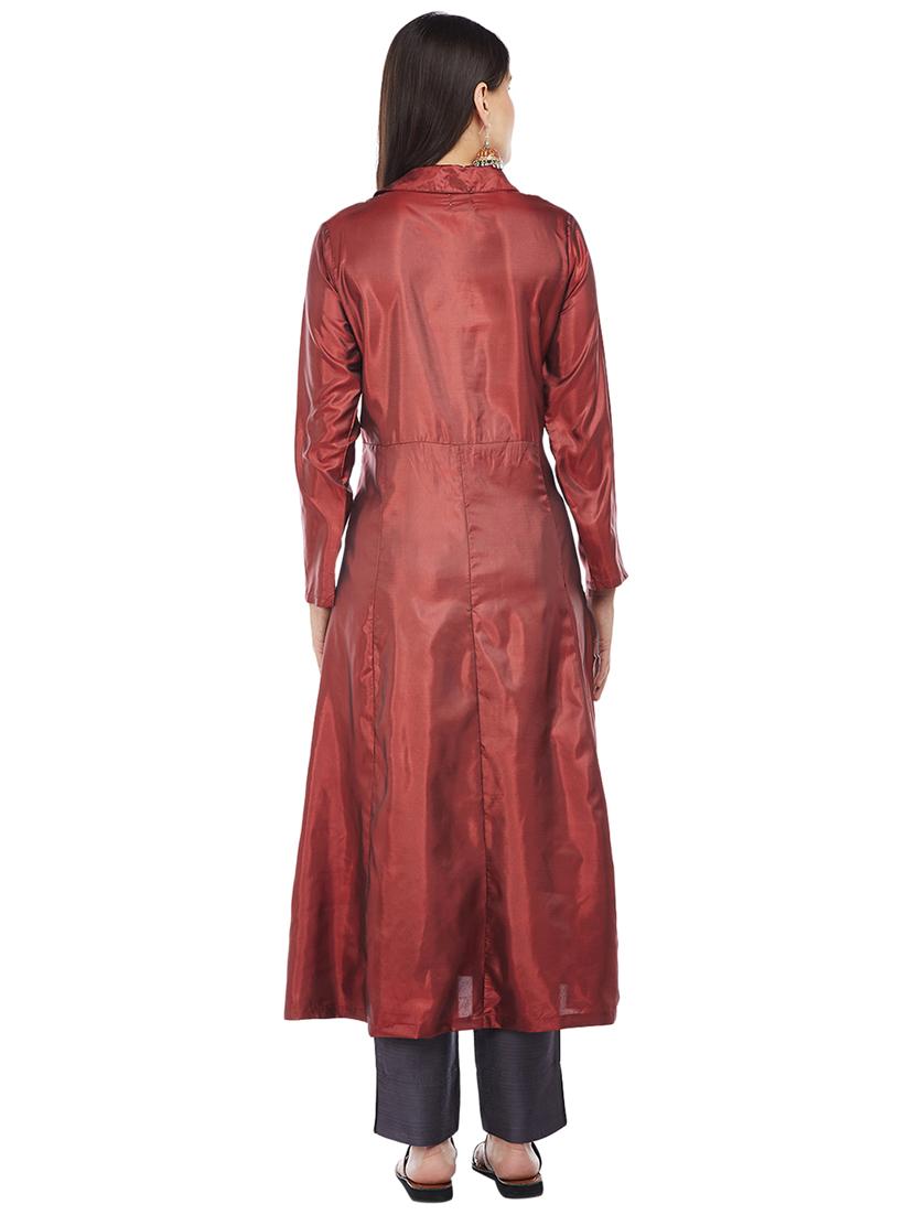 Burgundy art silk a-line kurta with tassels - 15622382 - Zoom Image - 3