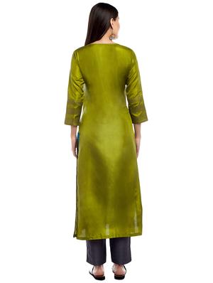 Mehandi art silk straight kurta - 15622391 - Standard Image - 3