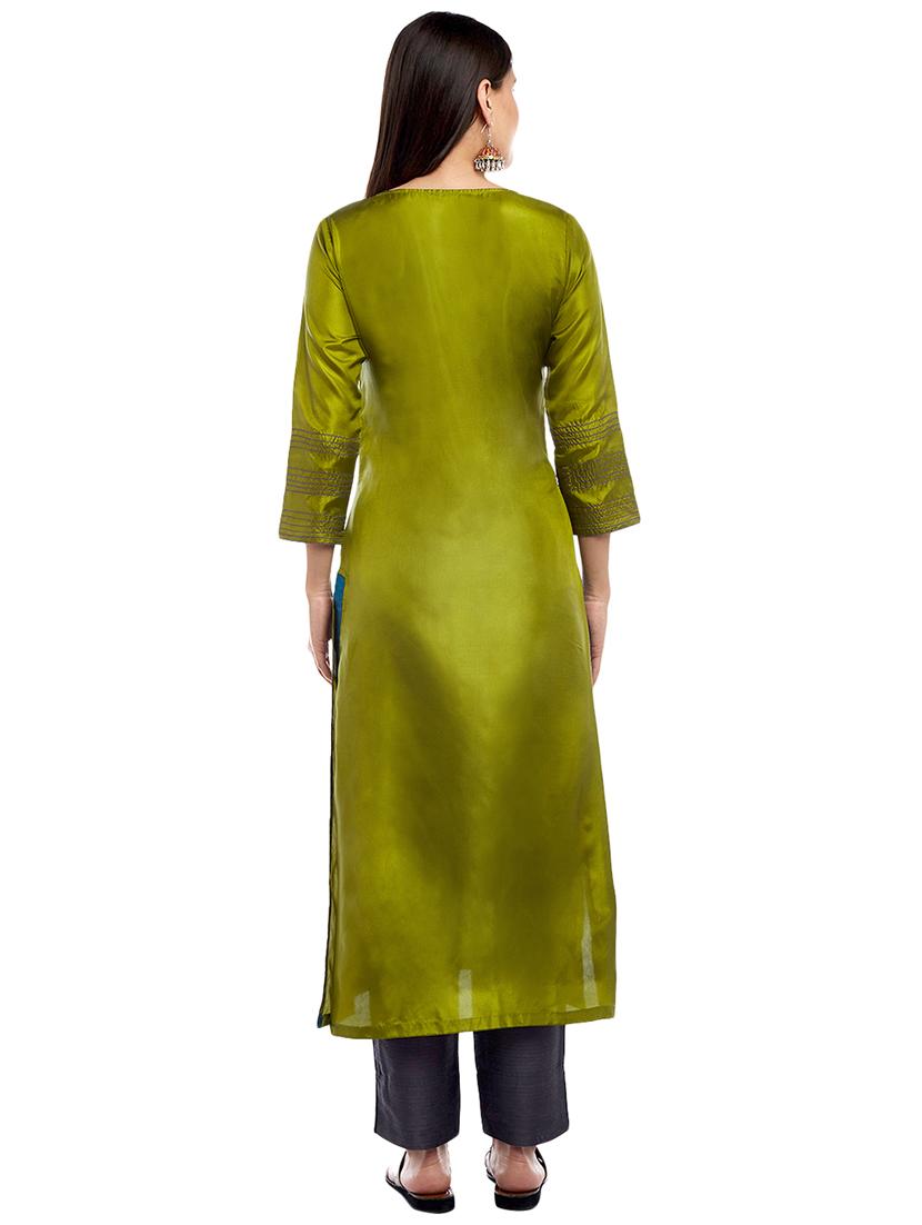 Mehandi art silk straight kurta - 15622391 - Zoom Image - 3
