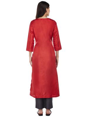 Rose red art silk straight kurta - 15622392 - Standard Image - 3