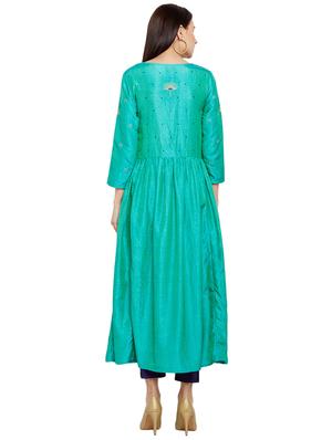 Turquoise art silk a-line kurta - 15622395 - Standard Image - 3
