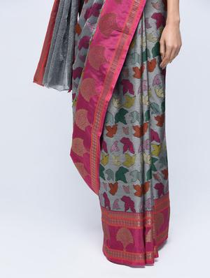 contrast zari border woven saree with blouse - 15622885 - Standard Image - 3