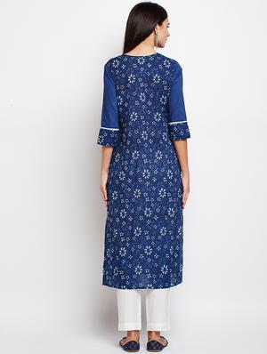 blue cotton straight kurta - 15629503 - Standard Image - 3