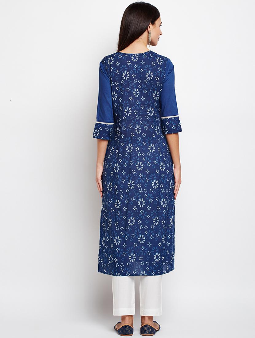 blue cotton straight kurta - 15629503 - Zoom Image - 3