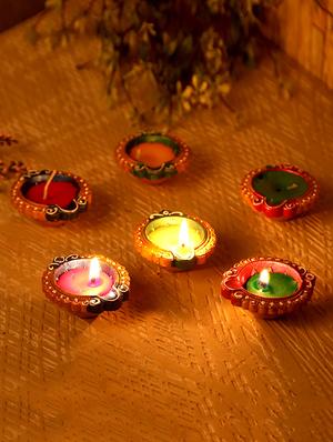 aapno rajasthan small handpainted wax filled terracotta diyas - set of 12 - 15649194 - Standard Image - 3