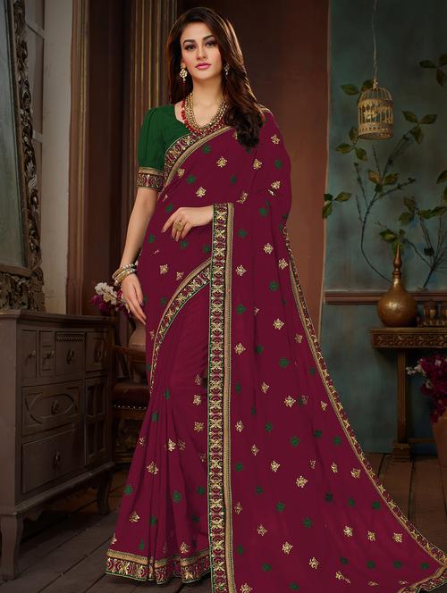 floral border embroidered saree with blouse - 15650434 - Standard Image - 1