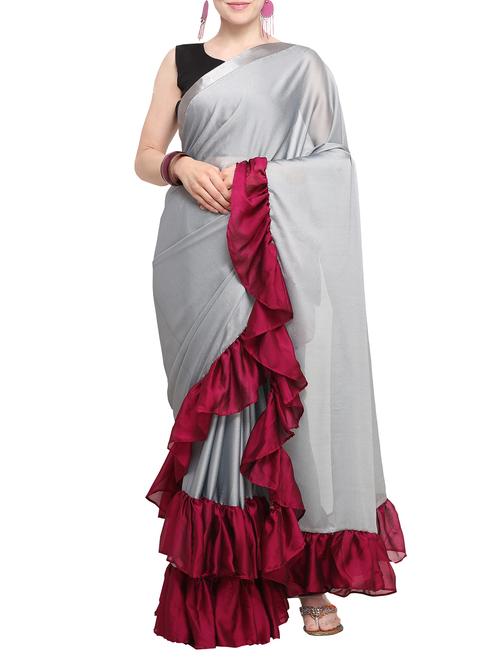 contrast ruffle border saree with blouse - 15655071 - Standard Image - 1