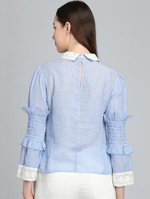 smocked sleeved lace collared striped top - 15671784 - Standard Image - 3