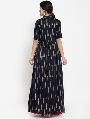 Navy flared foil print kurta - 15676254 - Standard Image - 3