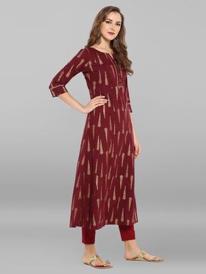 Burgundy a-line foil print kurta - 15676551 - Standard Image - 3