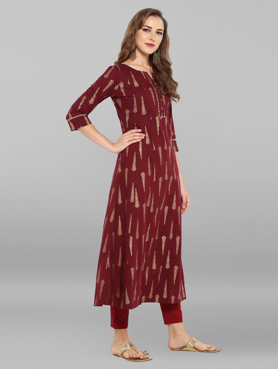 Burgundy a-line foil print kurta - 15676551 - Zoom Image - 3