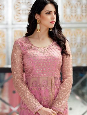 pink net kurtaskirt semistitched suit - 15692244 - Standard Image - 3