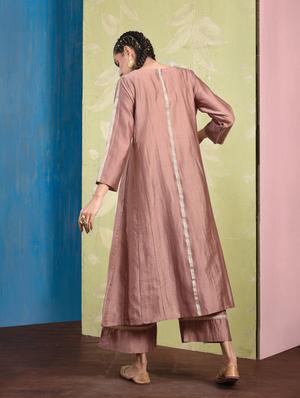 Coral gotta lace silk a-line kurta - 15693022 - Standard Image - 3