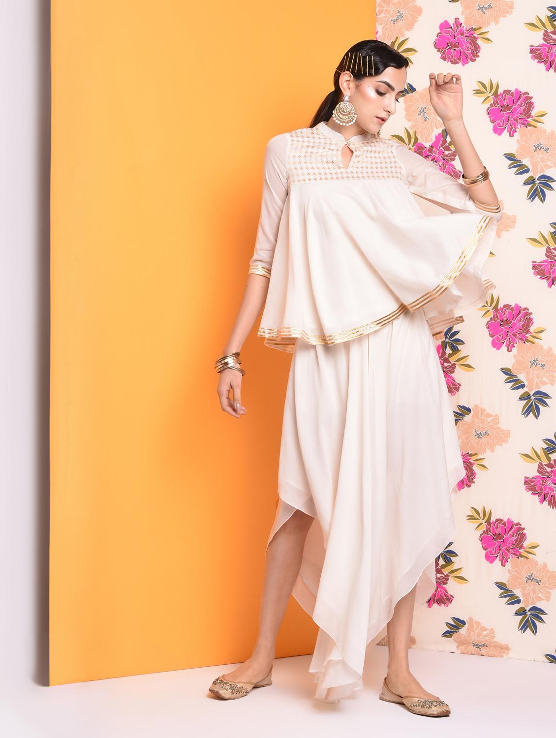 cream chanderi flared gotta work kurti - 15693545 - Zoom Image - 3