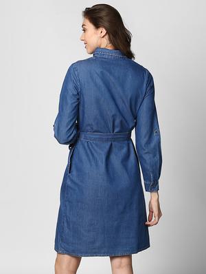 belted denim shirt collar dress - 15695655 - Standard Image - 3