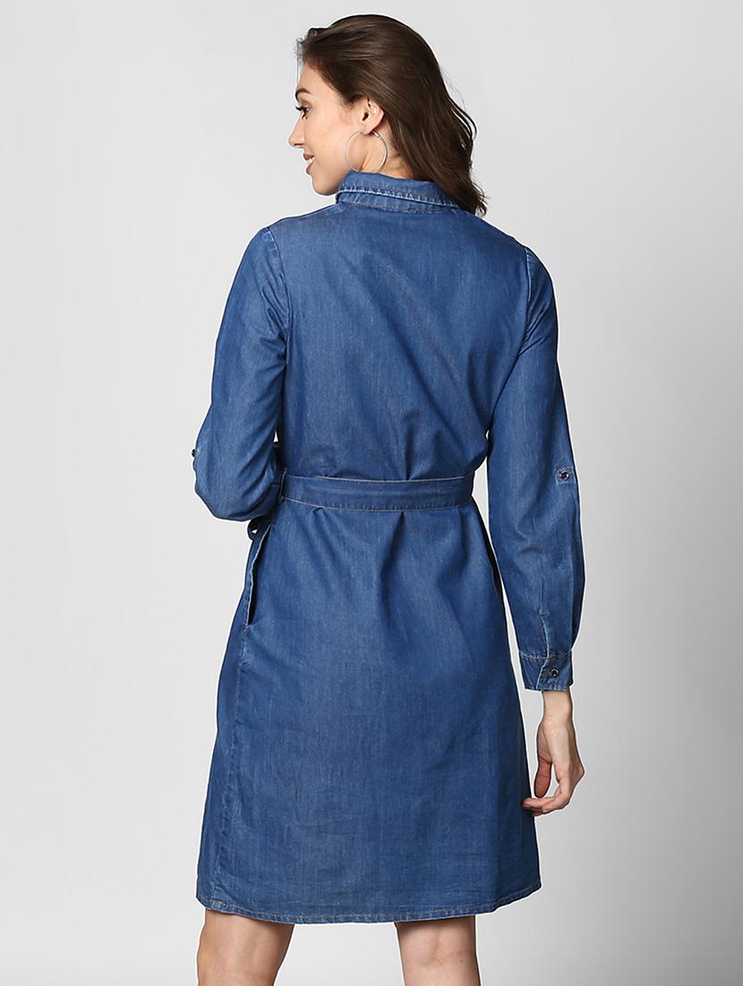 belted denim shirt collar dress - 15695655 - Zoom Image - 3
