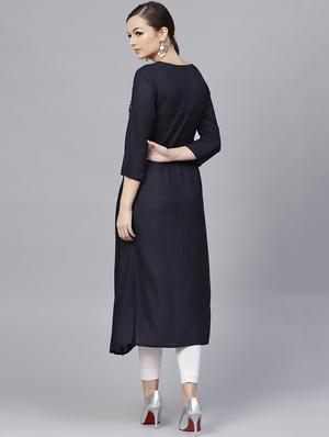 Navy cowl embroidered kurta - 15696058 - Standard Image - 3