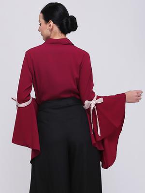 bow tie up bell sleeved shirt - 15701575 - Standard Image - 3