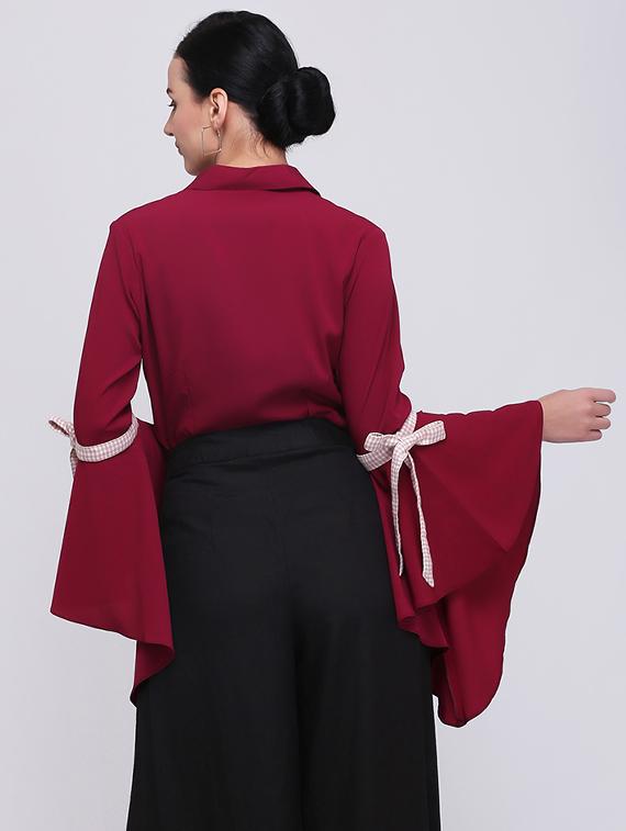 bow tie up bell sleeved shirt - 15701575 - Zoom Image - 3