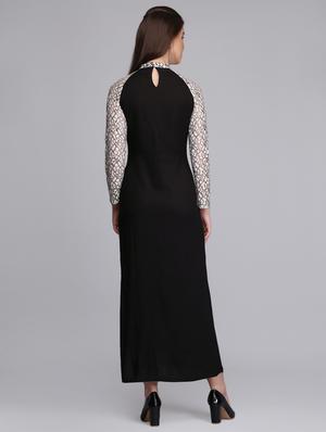 contrast lace sleeved side slit dress - 15726268 - Standard Image - 3