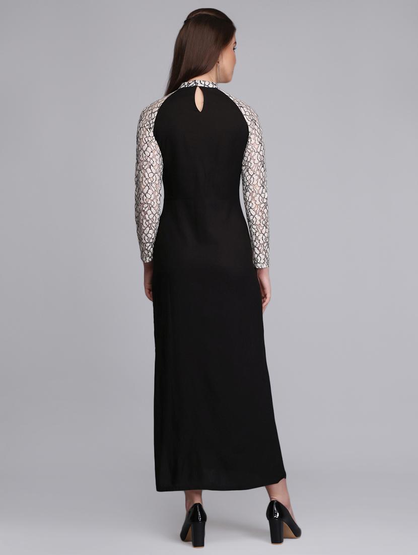 contrast lace sleeved side slit dress - 15726268 - Zoom Image - 3