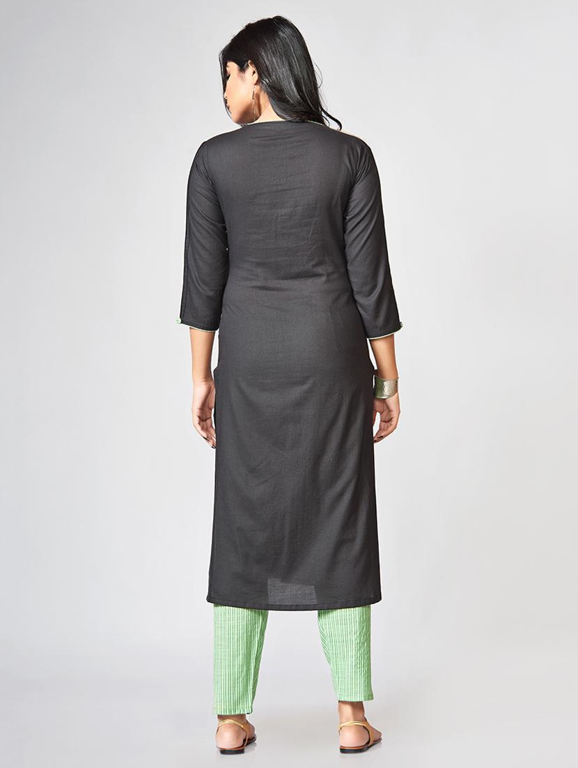 Solid kurta with stripes pant set - 15726544 - Zoom Image - 3