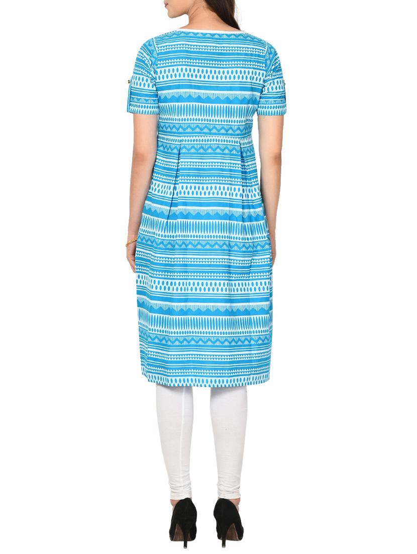Turquoise A-line printed kurta - 15727321 - Zoom Image - 3
