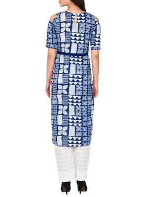 Indigo cold shoulder straight kurta - 15727413 - Standard Image - 3