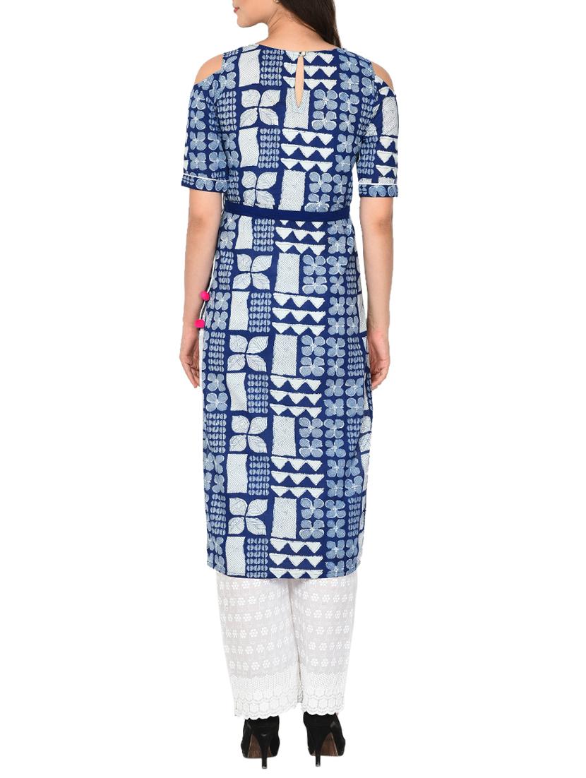 Indigo cold shoulder straight kurta - 15727413 - Zoom Image - 3