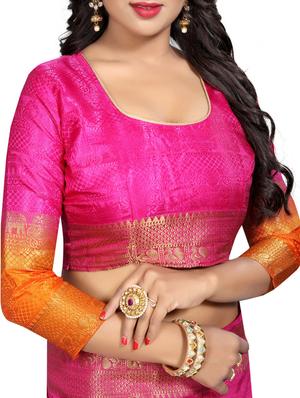 contrast zari border banarasi saree with blouse - 15728874 - Standard Image - 3