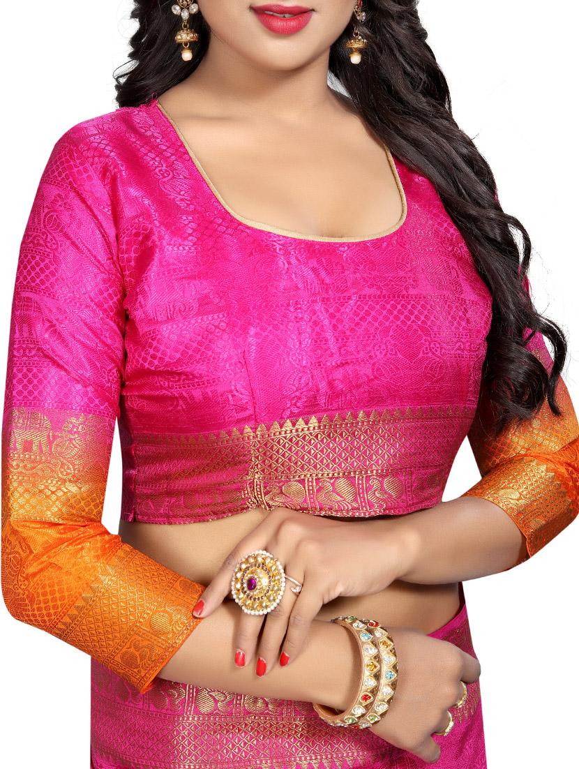 contrast zari border banarasi saree with blouse - 15728874 - Zoom Image - 3