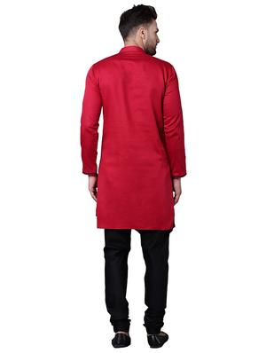 red cotton asymmetric kurta pyjama set - 15729234 - Standard Image - 3