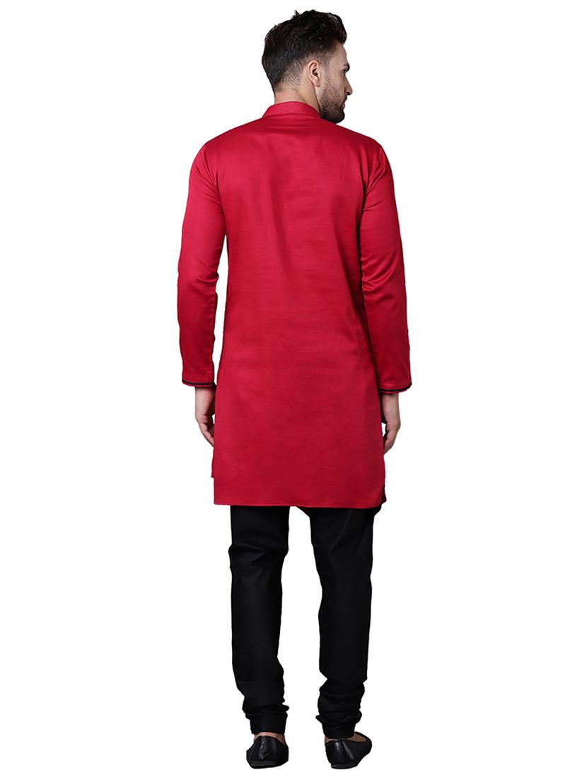 red cotton asymmetric kurta pyjama set - 15729234 - Zoom Image - 3