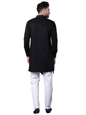 black cotton asymmetric kurta pyjama set - 15729240 - Standard Image - 3