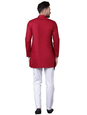 red cotton asymmetric kurta pyjama set - 15729244 - Standard Image - 3