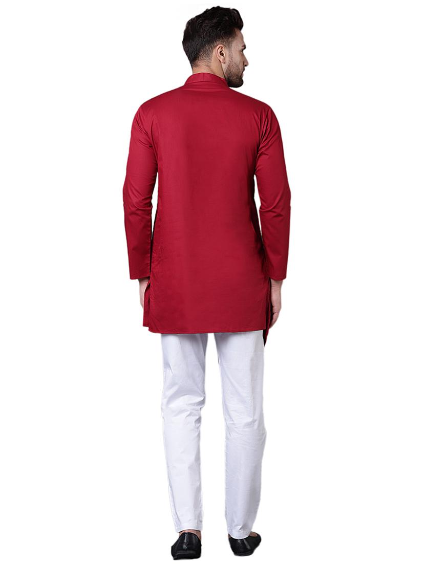 red cotton asymmetric kurta pyjama set - 15729244 - Zoom Image - 3