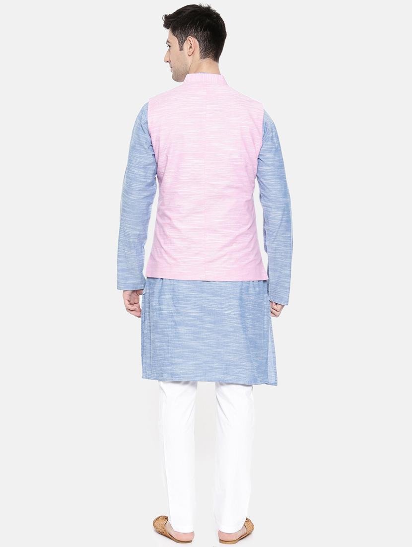 blue cotton kurta pyjama set with nehru jacket - 15731532 - Zoom Image - 3