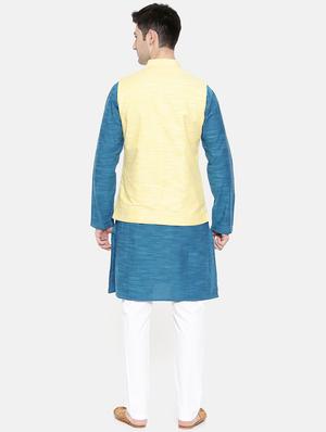blue cotton kurta pyjama set with nehru jacket - 15731533 - Standard Image - 3