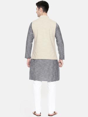grey cotton kurta pyjama set with nehru jacket - 15731534 - Standard Image - 3