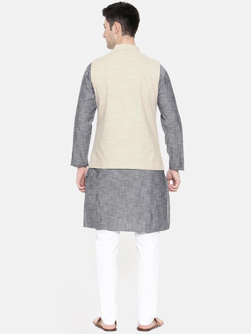 grey cotton kurta pyjama set with nehru jacket - 15731534 - Zoom Image - 3