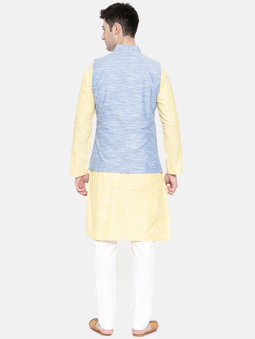yellow cotton kurta pyjama set with nehru jacket - 15731538 - Zoom Image - 3