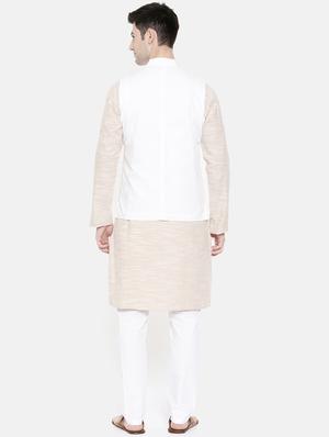 beige cotton kurta pyjama set with nehru jacket - 15731539 - Standard Image - 3