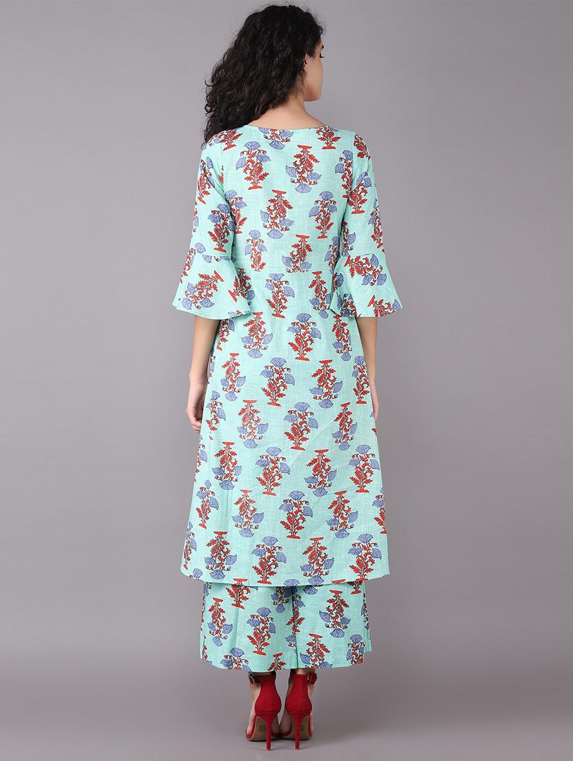 Printed bell sleeved kurta with palazzo set - 15731809 - Zoom Image - 3