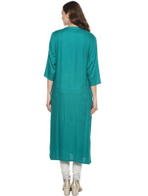 Teal solid straight kurta - 15732976 - Standard Image - 3