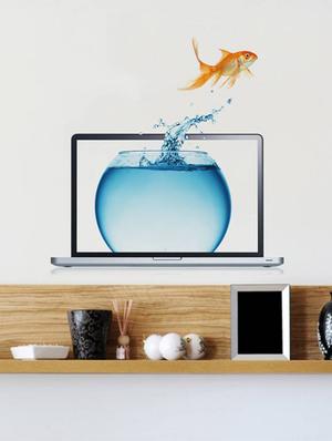 Rawpockets Wall Decals ' Laptop and Fish Bowl Abstract ' Wall stickers (PVC Vinyl) Multicolour - 15733901 - Standard Image - 3