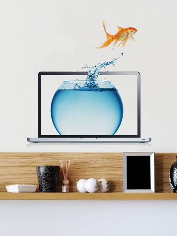 Rawpockets Wall Decals ' Laptop and Fish Bowl Abstract ' Wall stickers (PVC Vinyl) Multicolour - 15733901 - Zoom Image - 3