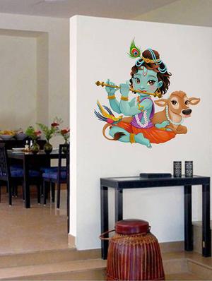 Rawpockets Wall Decals ' Lord Krishna Playing Flute with Cow ' Wall stickers (PVC Vinyl) Multicolour - 15733944 - Standard Image - 3