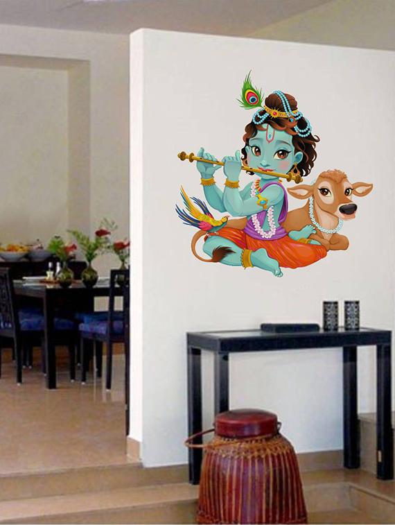 Rawpockets Wall Decals ' Lord Krishna Playing Flute with Cow ' Wall stickers (PVC Vinyl) Multicolour - 15733944 - Zoom Image - 3