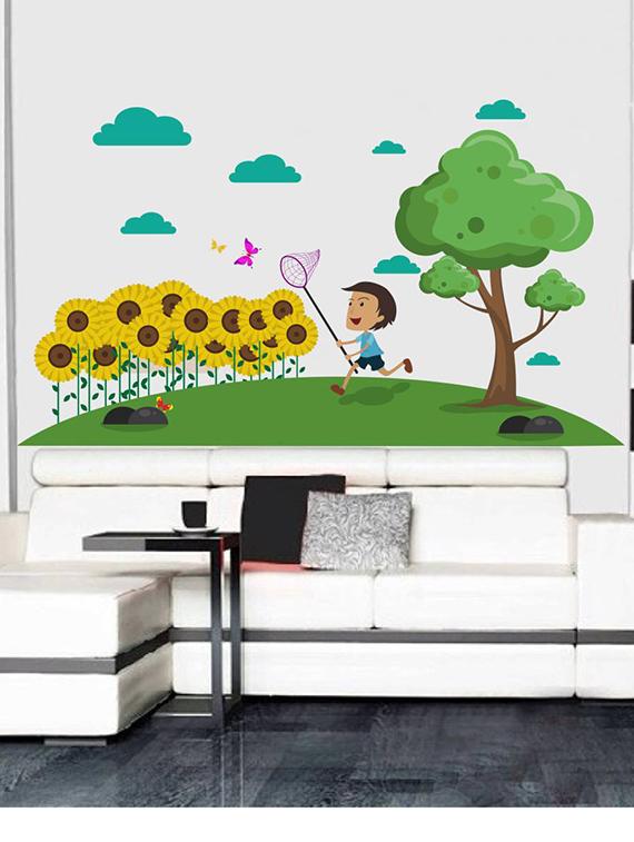 Rawpockets Wall Decals ' Nature Flower Boy Catching Butterfly ' Wall stickers (PVC Vinyl) Multicolour - 15734042 - Zoom Image - 3