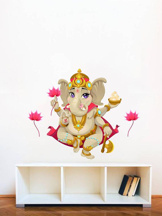 Rawpockets Wall Decals ' Lord Ganesha with Lotus Flower ' Wall stickers (PVC Vinyl) Multicolour - 15734096 - Zoom Image - 3